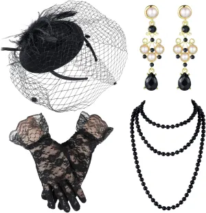 Bencailor Fascinator Hat for Women Funeral Veil Hats Set Include Mesh Lace Gloves Necklace Earring for Tea Party