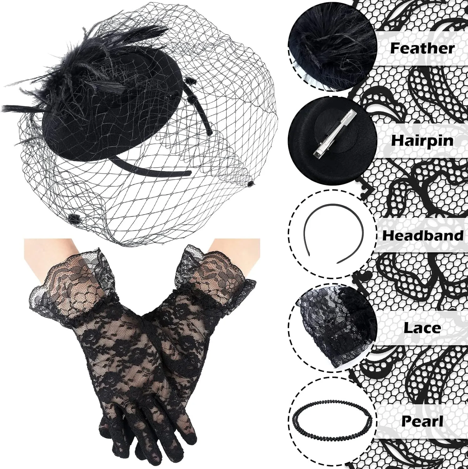 Bencailor Fascinator Hat for Women Funeral Veil Hats Set Include Mesh Lace Gloves Necklace Earring for Tea Party