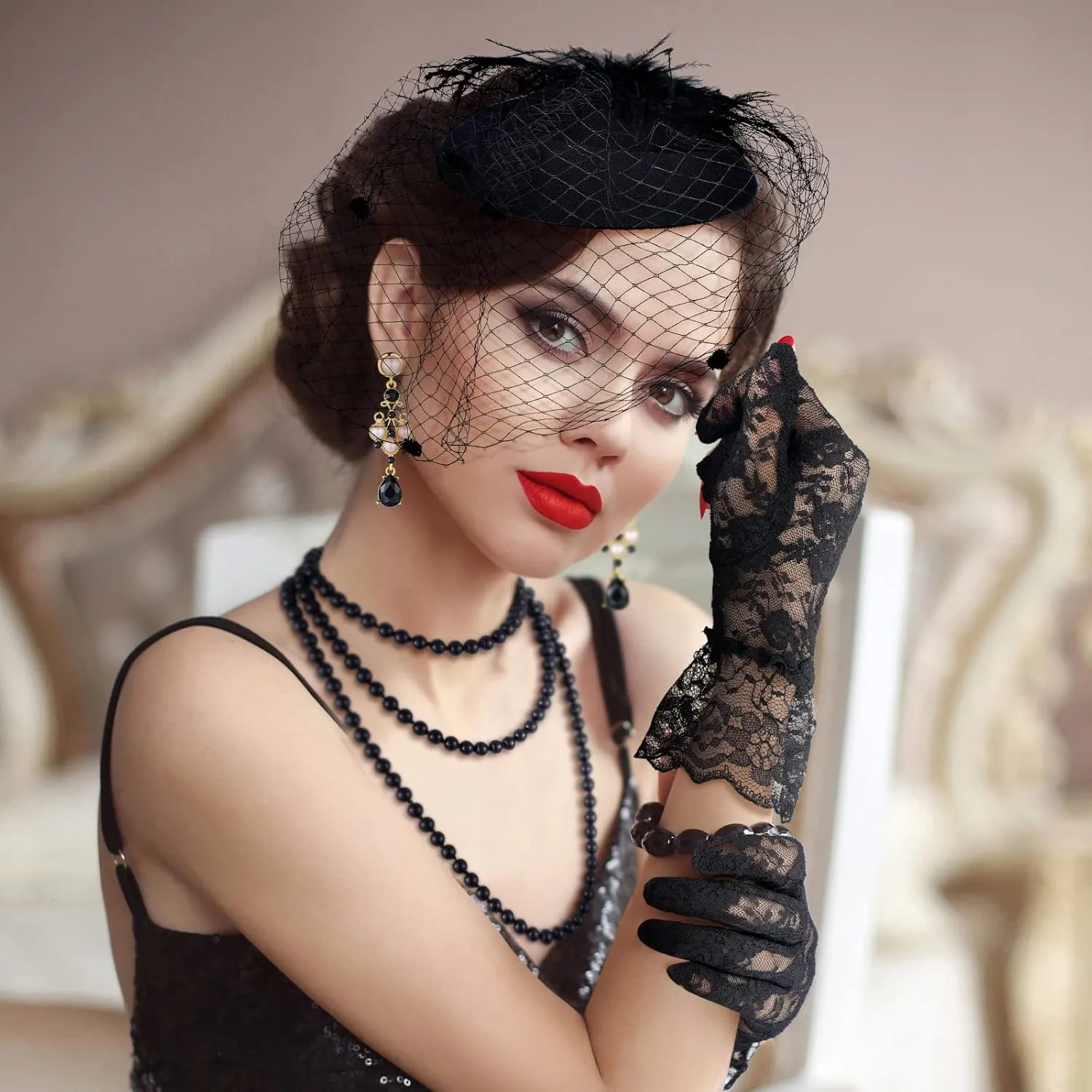 Bencailor Fascinator Hat for Women Funeral Veil Hats Set Include Mesh Lace Gloves Necklace Earring for Tea Party