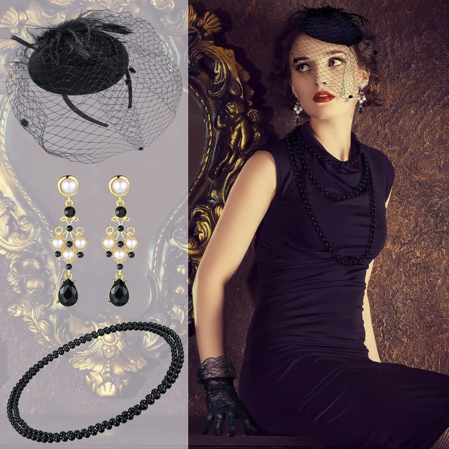 Bencailor Fascinator Hat for Women Funeral Veil Hats Set Include Mesh Lace Gloves Necklace Earring for Tea Party