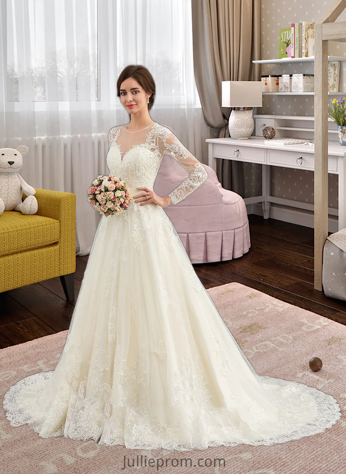 Beryl Ball-Gown/Princess Illusion Court Train Tulle Lace Wedding Dress DQP0013750