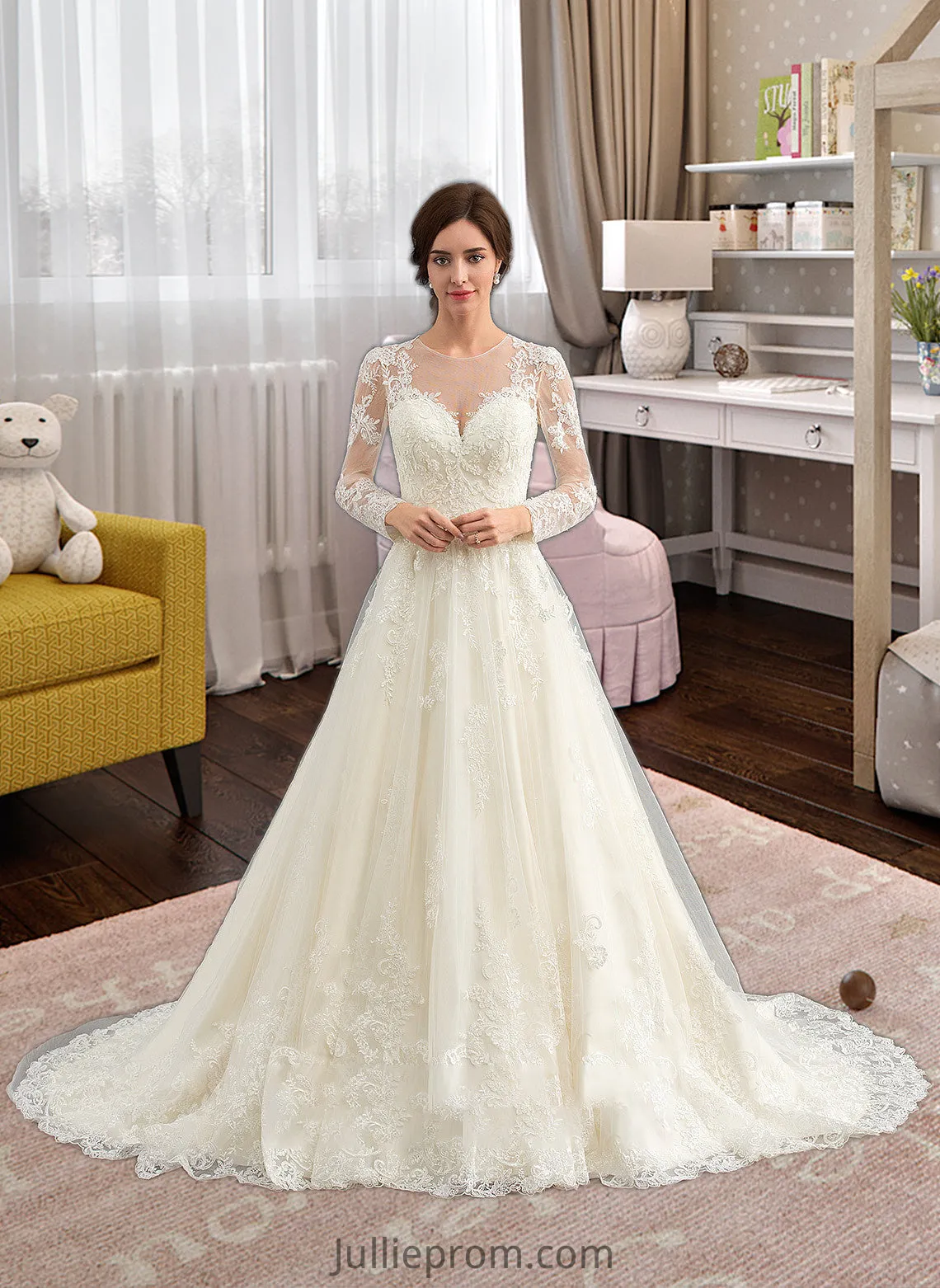 Beryl Ball-Gown/Princess Illusion Court Train Tulle Lace Wedding Dress DQP0013750