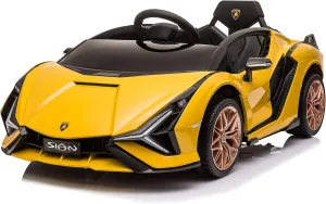 BEST RIDE ON CARS, Lamborghini Sian 12V Ride-On Car for Kids, Yellow, with LED Lights, Horn, Hydraulic Doors and Adjustable Seatbelt