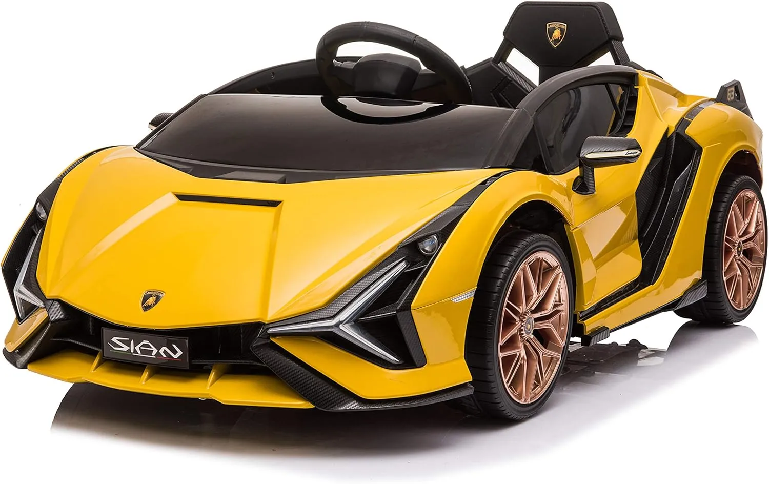 BEST RIDE ON CARS, Lamborghini Sian 12V Ride-On Car for Kids, Yellow, with LED Lights, Horn, Hydraulic Doors and Adjustable Seatbelt