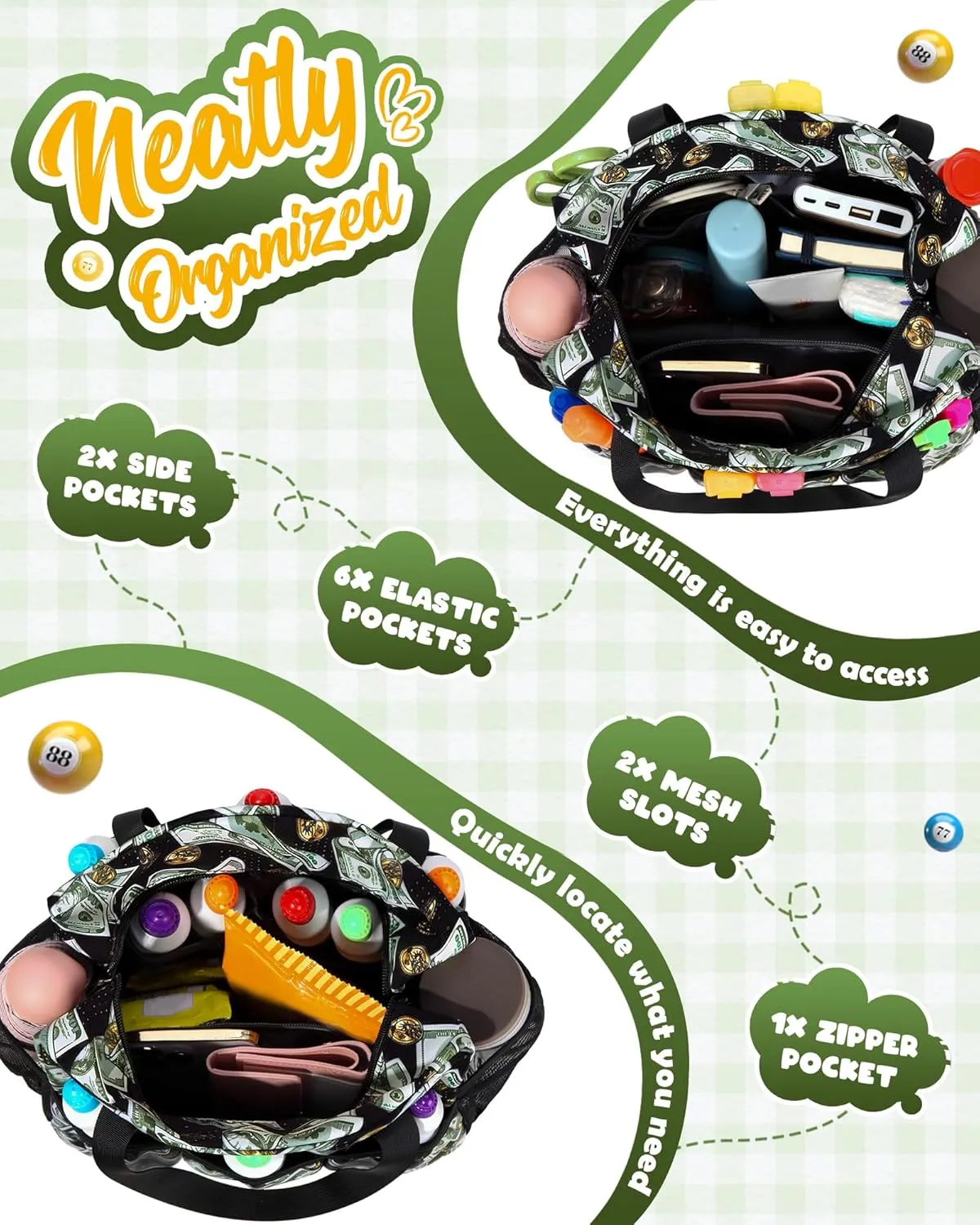 Bingo Bag with Pockets for Daubers Dabbers Dobbers Dotters Casino Bingo Game Accessories for Adults Seniors Green/Black