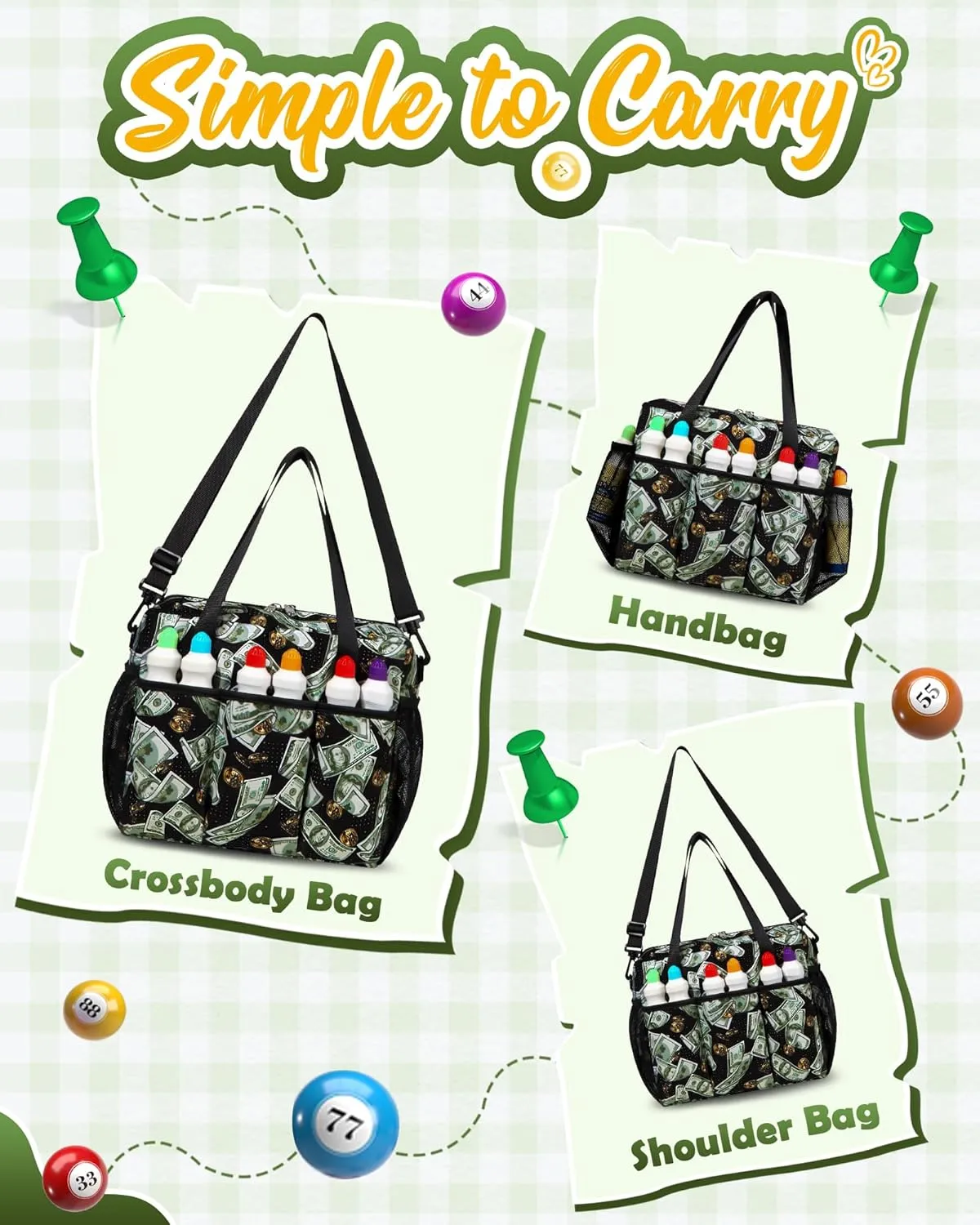 Bingo Bag with Pockets for Daubers Dabbers Dobbers Dotters Casino Bingo Game Accessories for Adults Seniors Green/Black