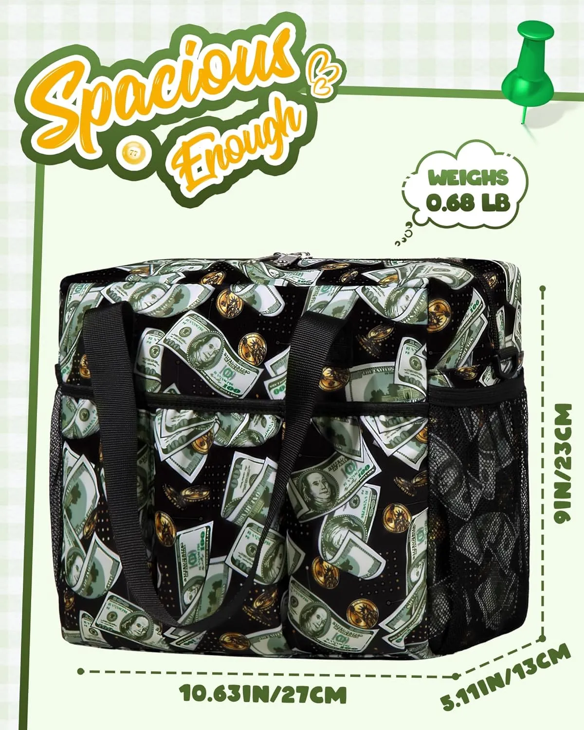 Bingo Bag with Pockets for Daubers Dabbers Dobbers Dotters Casino Bingo Game Accessories for Adults Seniors Green/Black