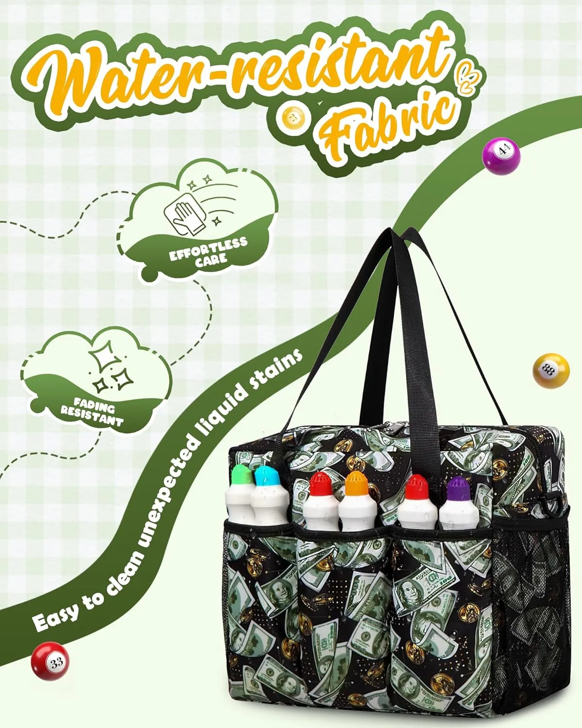 Bingo Bag with Pockets for Daubers Dabbers Dobbers Dotters Casino Bingo Game Accessories for Adults Seniors Green/Black