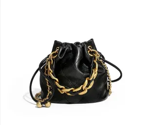 Black Genuine Quilted Sheepskin Leather Bucket Bag – Gold Hardware, Convertible to Crossbody, Spacious & Stylish