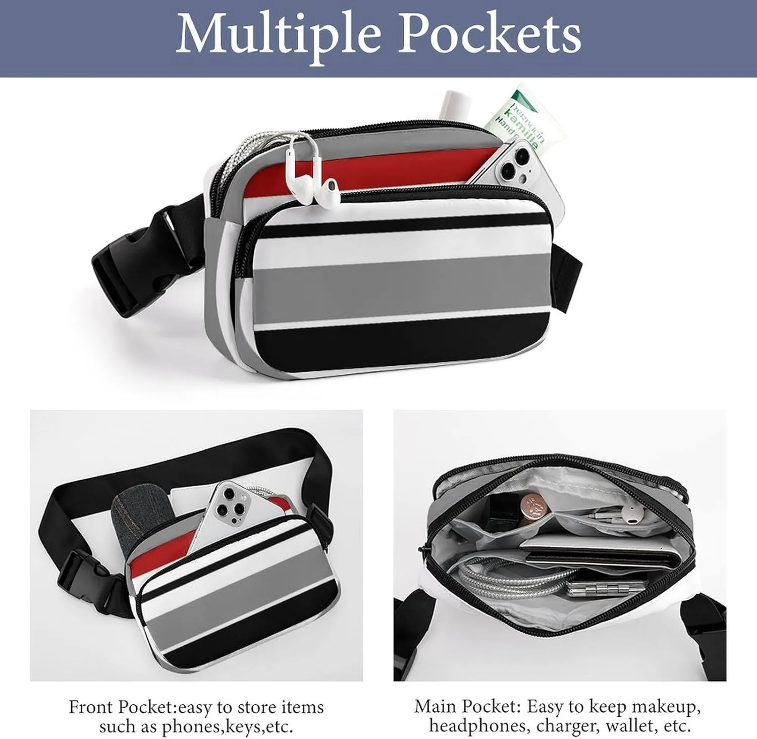 Black Red Grey Stripes Belt Bag Fanny Pack Crossbody Multicolor Fashion Waist Packs With Adjustable Strap For Men Women Travel Hiking Cycling Running