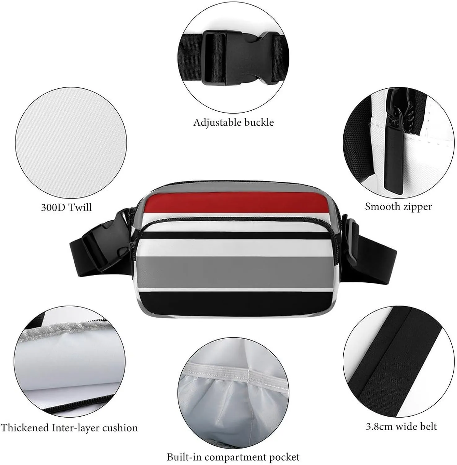 Black Red Grey Stripes Belt Bag Fanny Pack Crossbody Multicolor Fashion Waist Packs With Adjustable Strap For Men Women Travel Hiking Cycling Running
