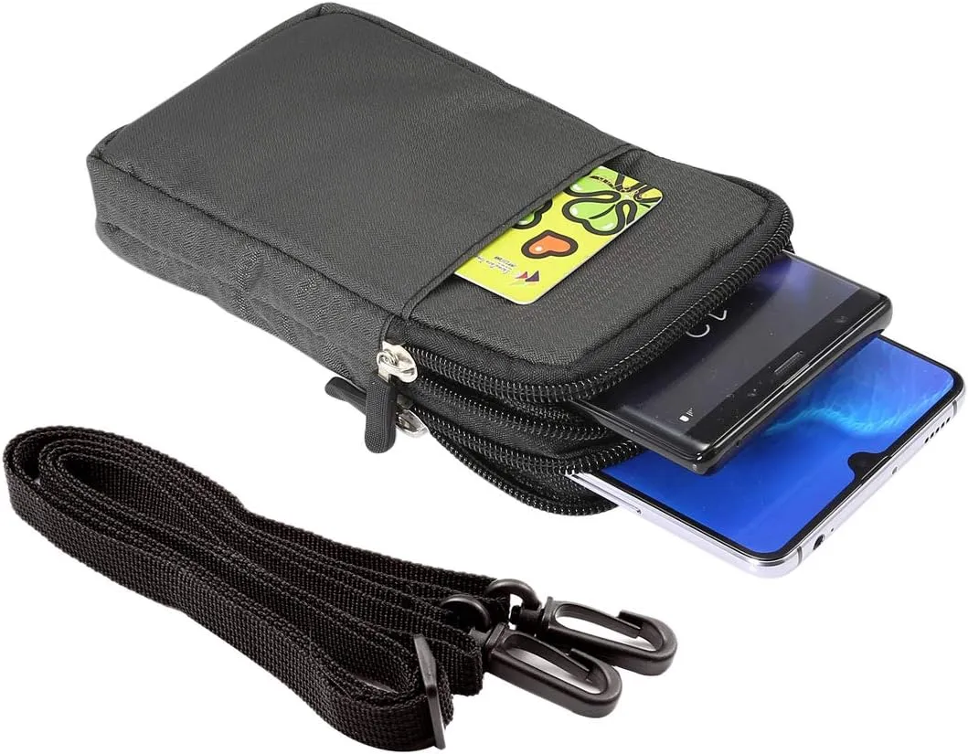 Black Shoulder Phone Bag, Cell Phone Belt Clip Pouch, 6.0" Ladies Men Travel Shoulder Messenger Crossbody Bag with Strap Zipper Waist Pocket Purse Wallet Belt Clip Holder with Carabiner Hook Handbag