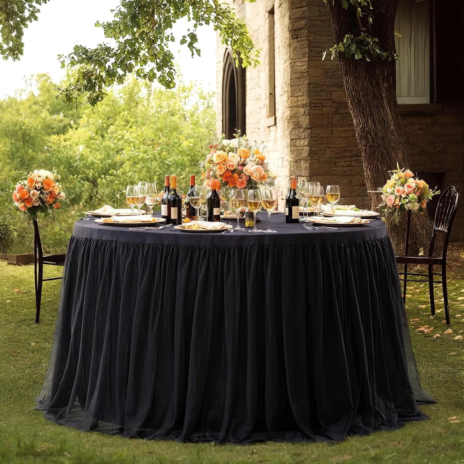 Black Tulle Tablecloths 72 Inch Round Tutu Table Skirt Ruffle Spandex Black Round Table Cloth Wrinkle Free Stretch Tulle Cover for Wedding Birthday Baby Shower Party Banquet Cake Decorations