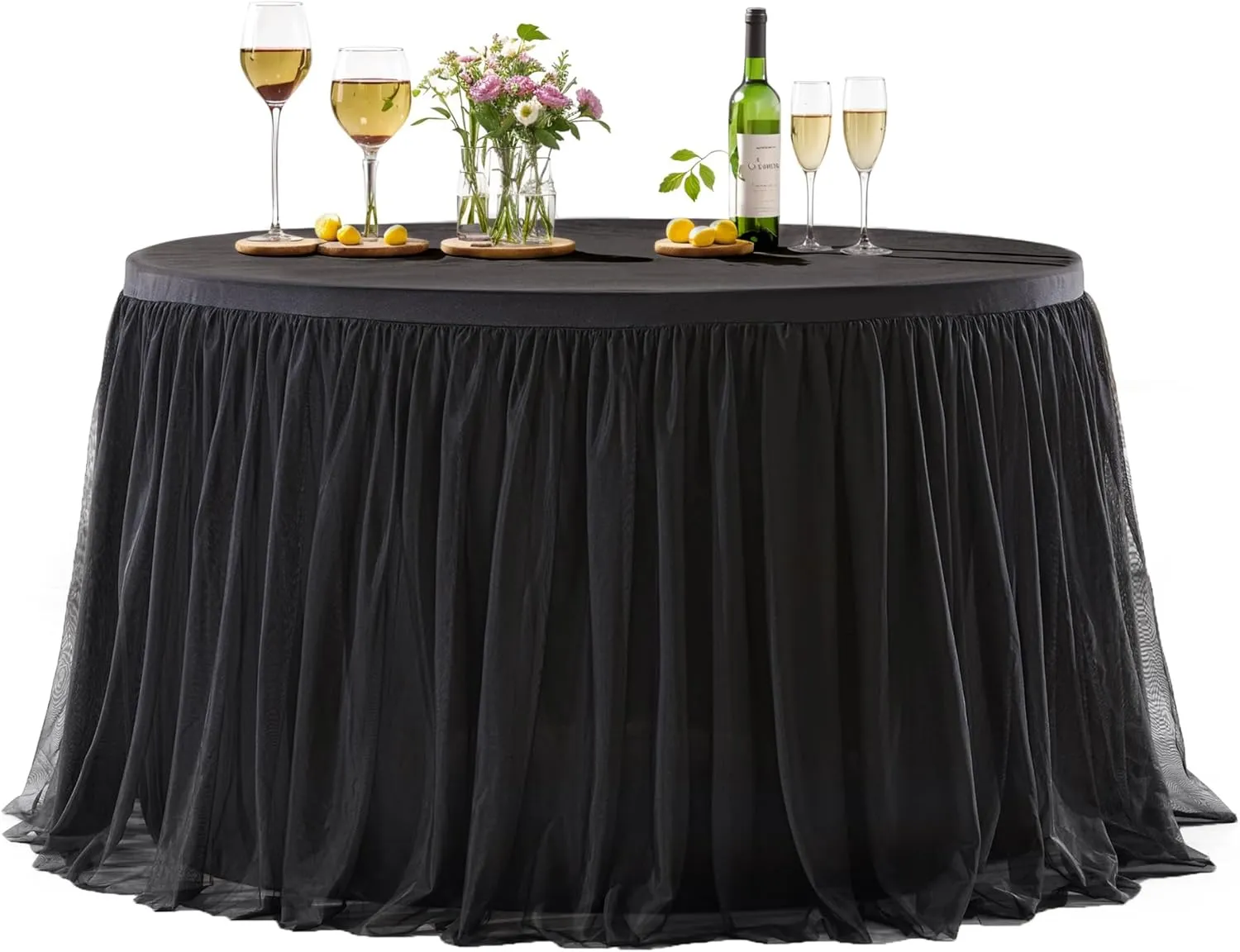 Black Tulle Tablecloths 72 Inch Round Tutu Table Skirt Ruffle Spandex Black Round Table Cloth Wrinkle Free Stretch Tulle Cover for Wedding Birthday Baby Shower Party Banquet Cake Decorations