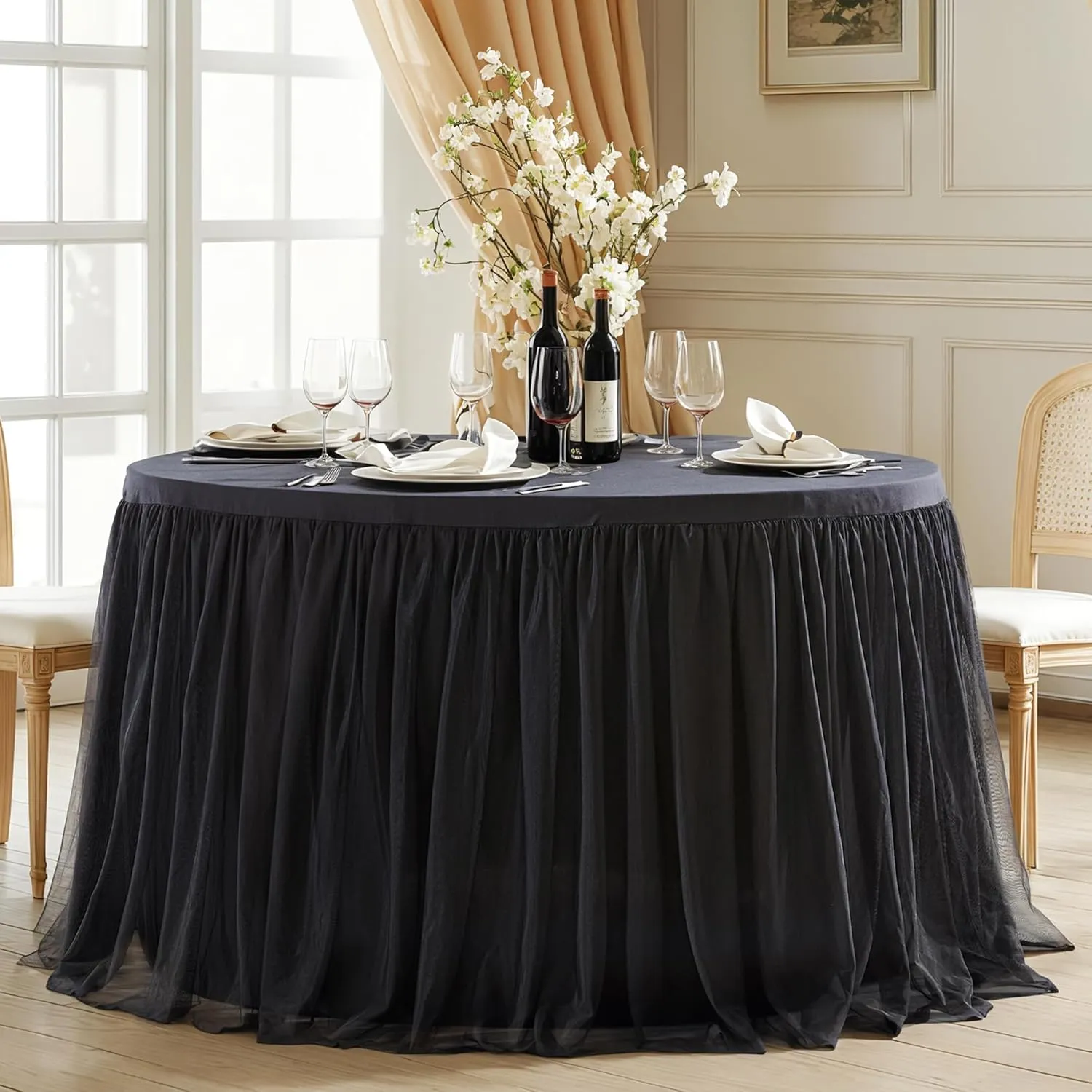 Black Tulle Tablecloths 72 Inch Round Tutu Table Skirt Ruffle Spandex Black Round Table Cloth Wrinkle Free Stretch Tulle Cover for Wedding Birthday Baby Shower Party Banquet Cake Decorations