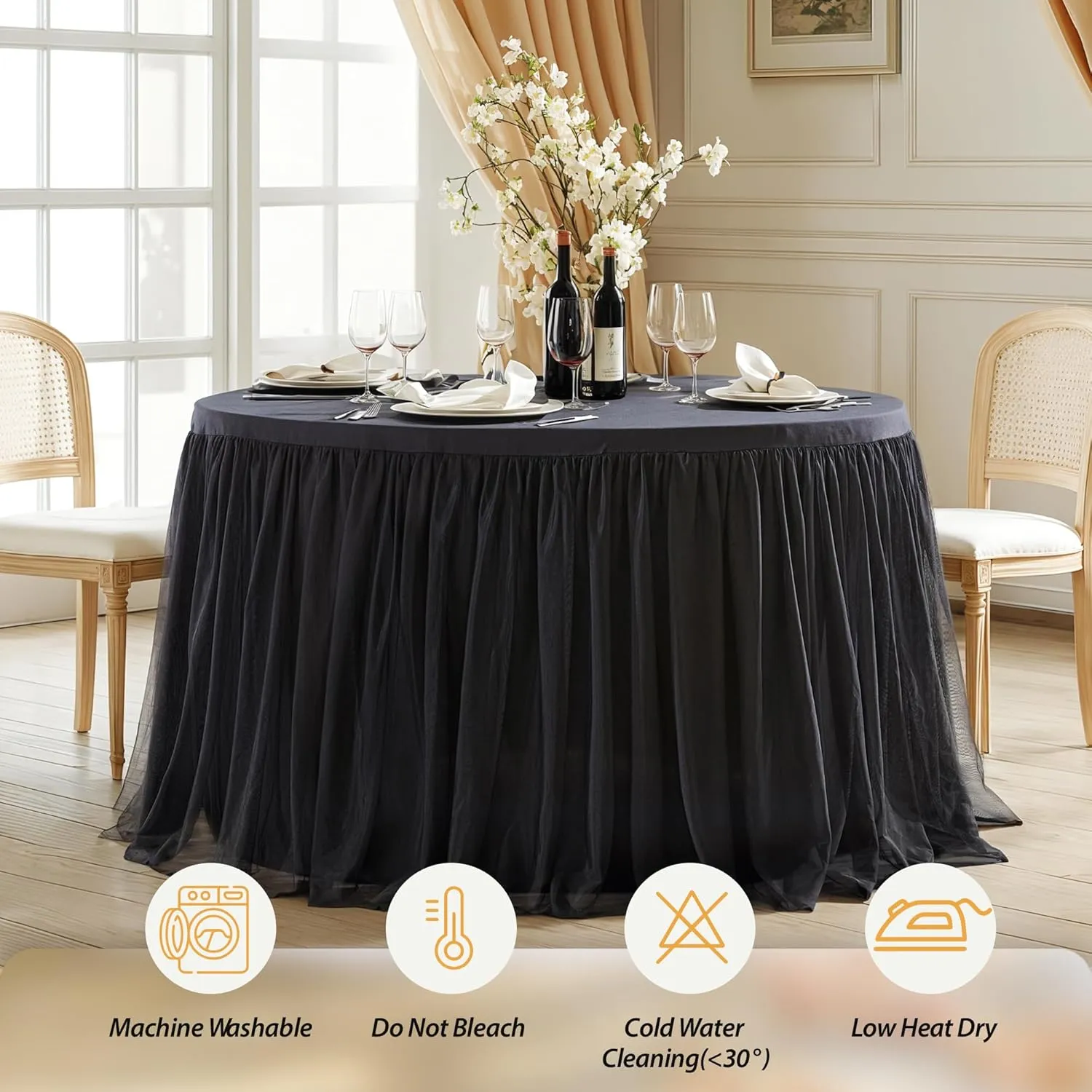 Black Tulle Tablecloths 72 Inch Round Tutu Table Skirt Ruffle Spandex Black Round Table Cloth Wrinkle Free Stretch Tulle Cover for Wedding Birthday Baby Shower Party Banquet Cake Decorations