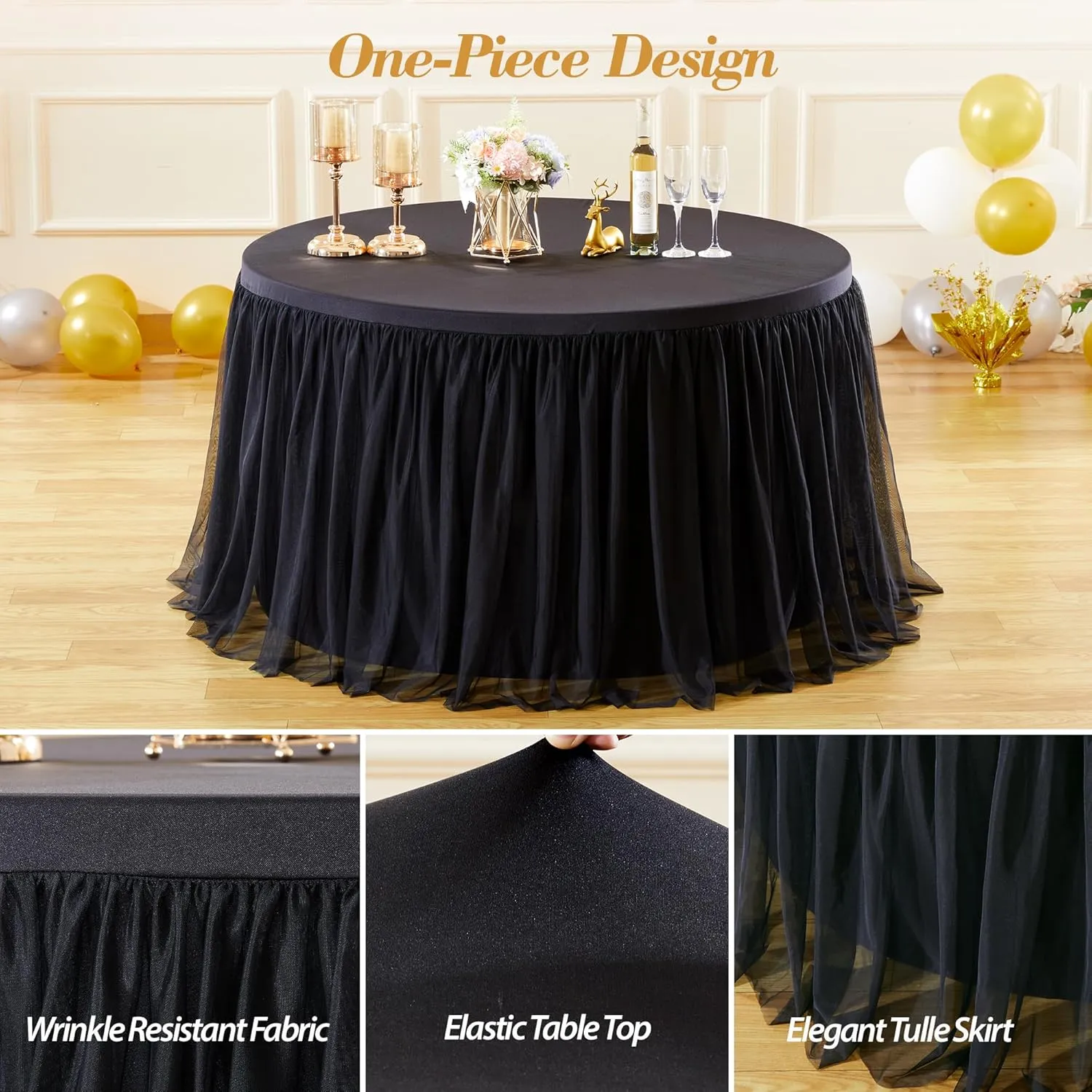 Black Tulle Tablecloths 72 Inch Round Tutu Table Skirt Ruffle Spandex Black Round Table Cloth Wrinkle Free Stretch Tulle Cover for Wedding Birthday Baby Shower Party Banquet Cake Decorations