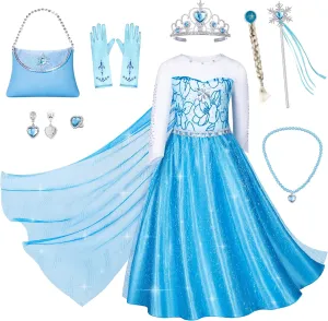Blue Princess Costumes for Little Girls Dress Up Birthday Party with Accessories