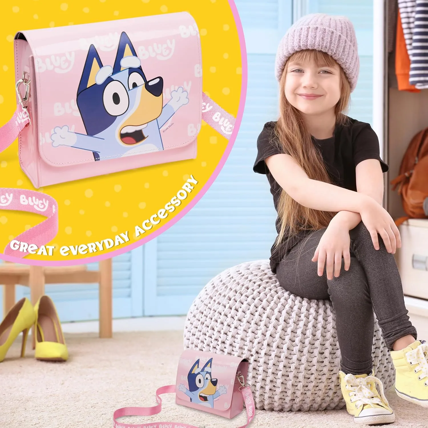 Bluey Girls Handbag Cute Crossbody Shoulder Bag for Kids Adjustable Strap Shopping Purse Travel Fashion, Girls Gifts (2D, 7 x 6.3 x 2.8Inch)