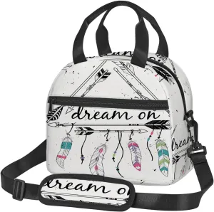 Boho Style,Insulated Reusable Lunch Bag with Adjustable Shoulder Strap for Adults,Arrows Triangle Shape Dream On,Leakproof Office Picnic Hiking Beach Tote Bag,Black White,9x5x7.8in