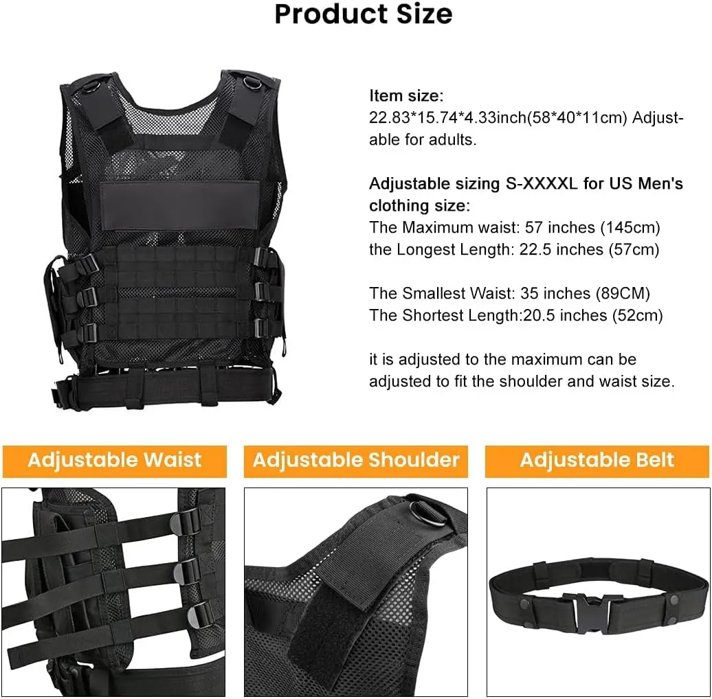 BOMTURN Tactical Vest Outdoor Ultra-Light Breathable Durable Mesh Airsoft Vest Adjustable Detachable Belt & Holster