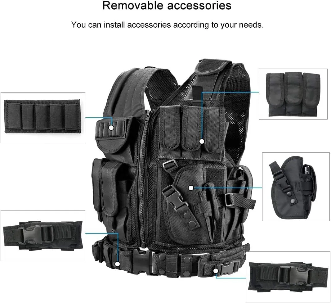 BOMTURN Tactical Vest Outdoor Ultra-Light Breathable Durable Mesh Airsoft Vest Adjustable Detachable Belt & Holster