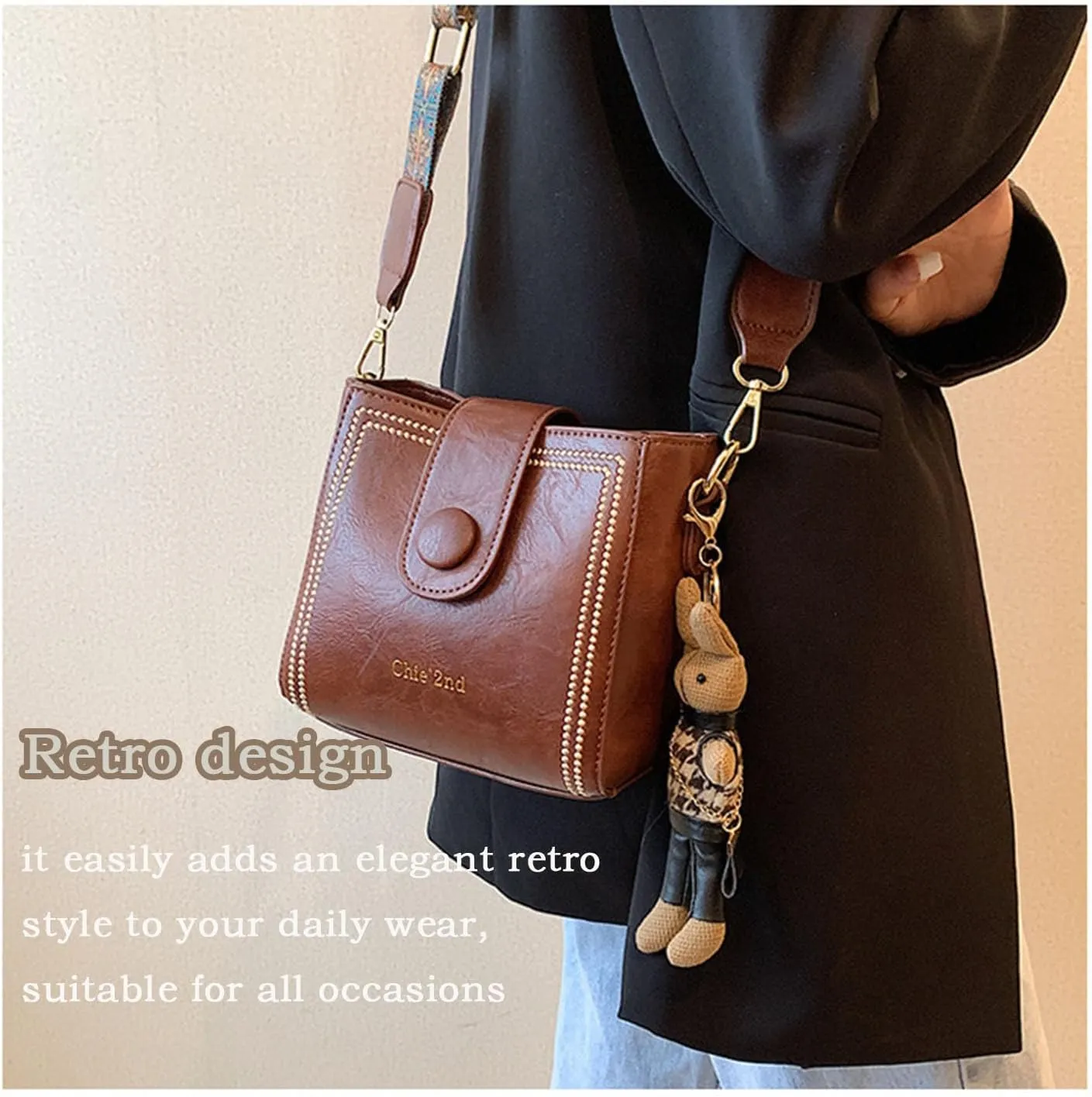 Bootara Bucket Bag - Bootara Women'S Vintage Bunny Charm Bucket Bag, Convertible Shoulder/Crossbody, Spacious Travel Tote