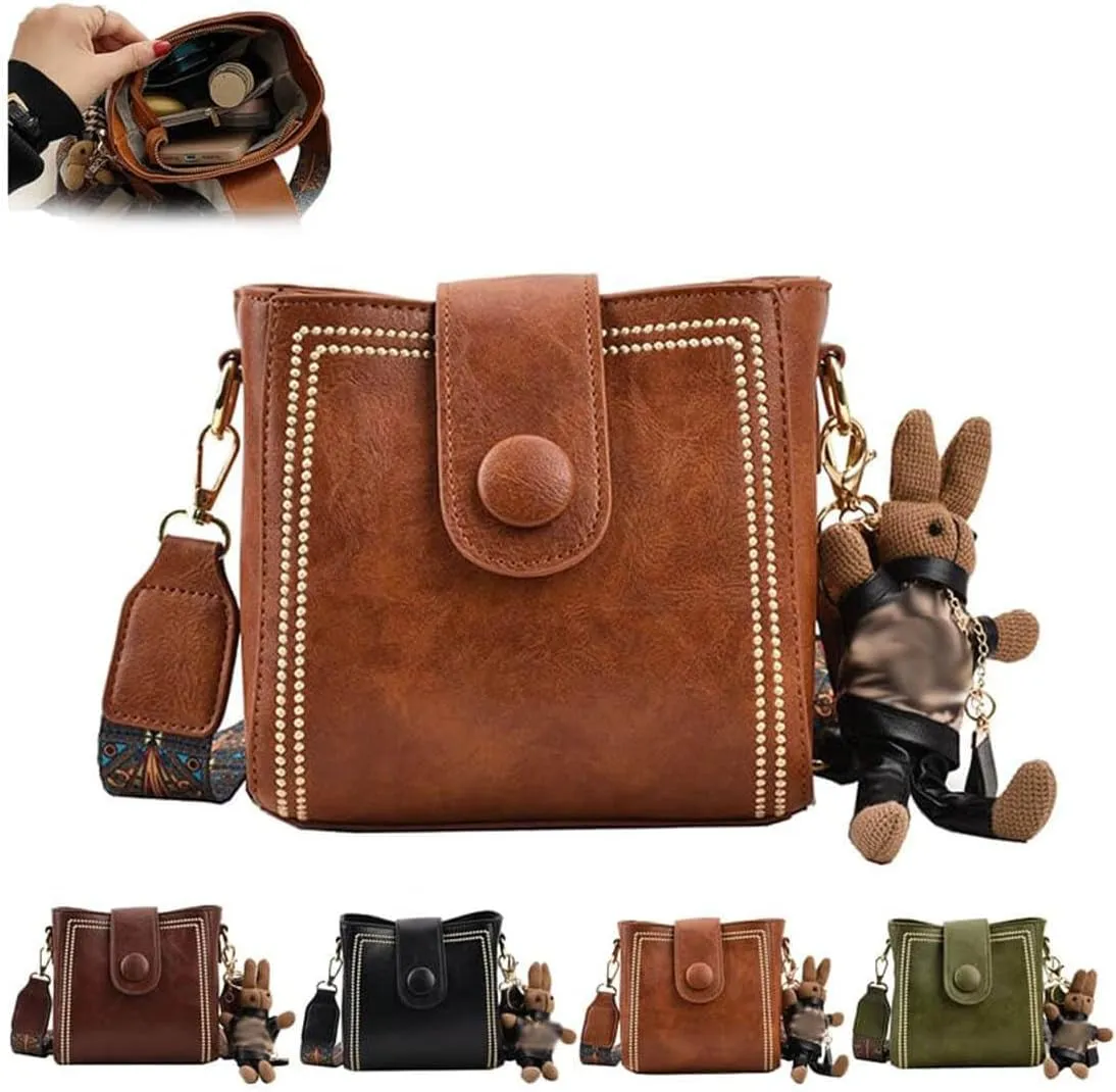Bootara Retro Bucket Bag for Women,Vintage Quilted Leather Shoulder Handbag with Wide Strap, Adjustable Crossbody Purse