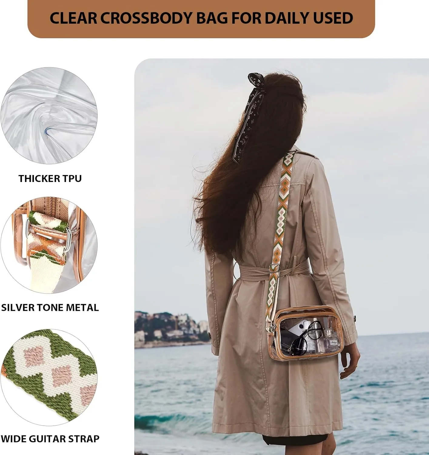 BOSTANTEN Clear Bag for Women Stadium Approved Clear Bags Small Crossbody Purse Trendy for Concerts Sports Events