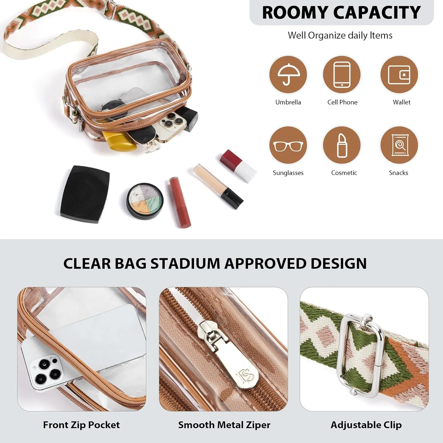 BOSTANTEN Clear Bag for Women Stadium Approved Clear Bags Small Crossbody Purse Trendy for Concerts Sports Events