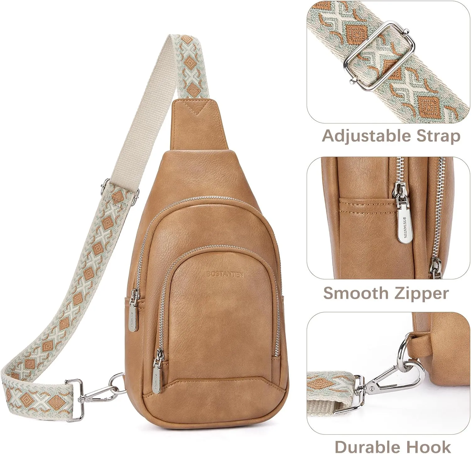 BOSTANTEN Sling Bag for Women Crossbody Purse Crossbody Bag Leather Chest Bag with Adjustable Guitar Strap for Travel