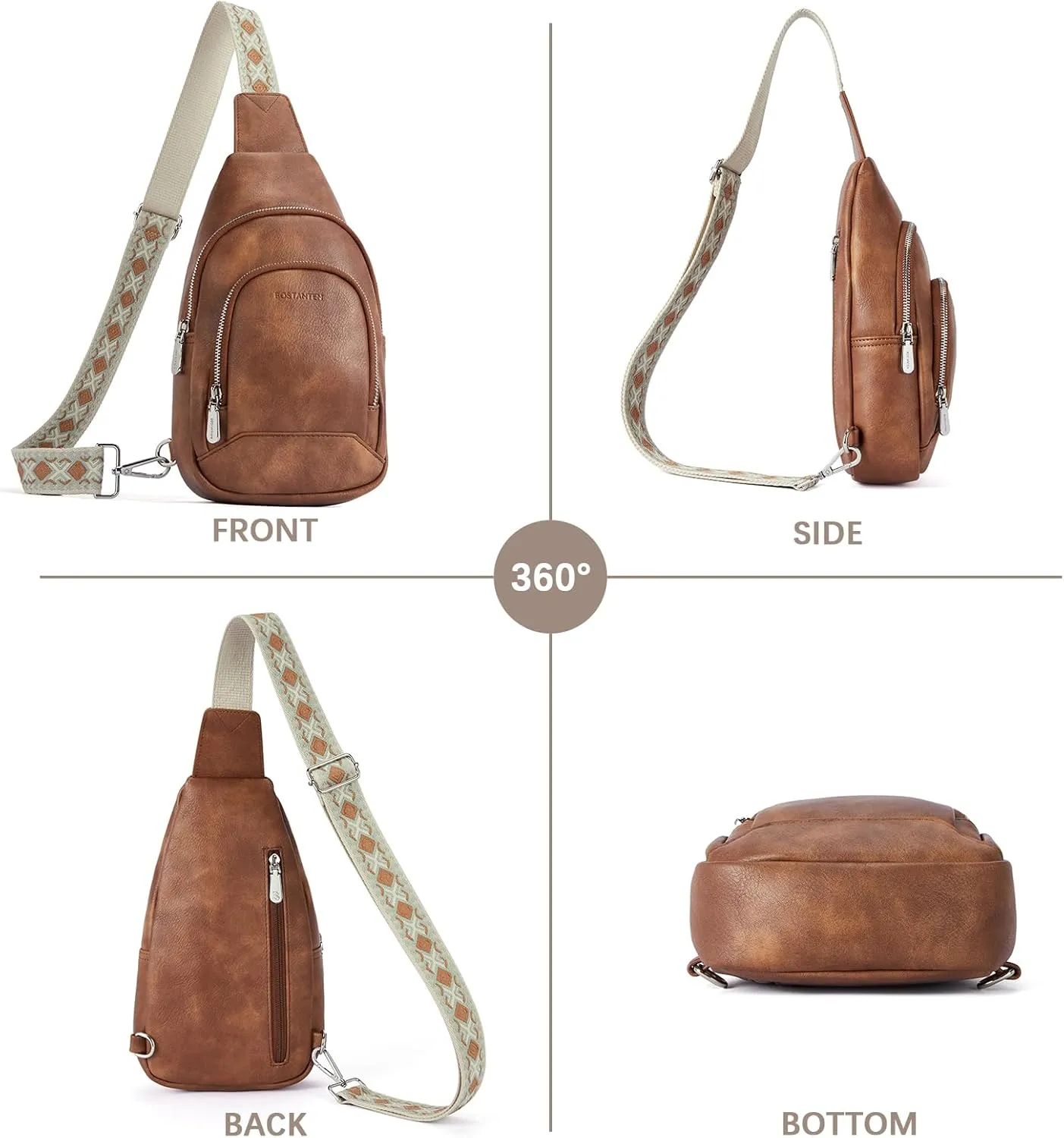 BOSTANTEN Sling Bag for Women Crossbody Purse Crossbody Bag Leather Chest Bag with Adjustable Guitar Strap for Travel