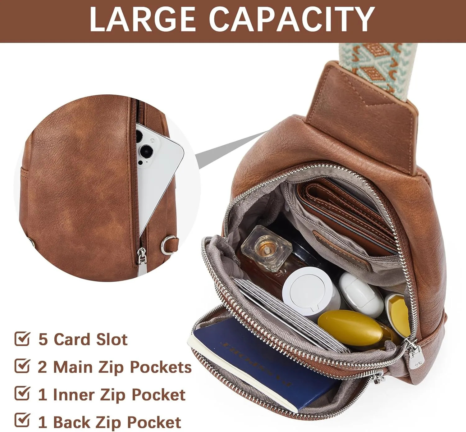 BOSTANTEN Sling Bag for Women Crossbody Purse Crossbody Bag Leather Chest Bag with Adjustable Guitar Strap for Travel