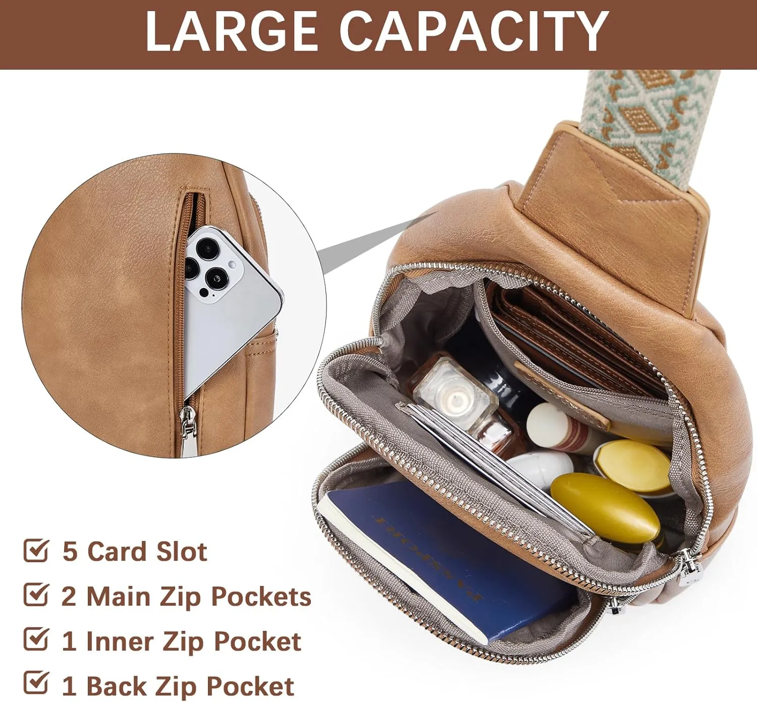 BOSTANTEN Sling Bag for Women Crossbody Purse Crossbody Bag Leather Chest Bag with Adjustable Guitar Strap for Travel