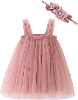 Bow Dream Baby Girls Toddler Tutu Dress Infant Tulle Dress Party Princess Dress with Flower Headband Dusty Rose