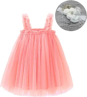 Bow Dream Baby Girls Toddler Tutu Dress Infant Tulle Dress Party Princess Dress with Flower Headband Dusty Rose