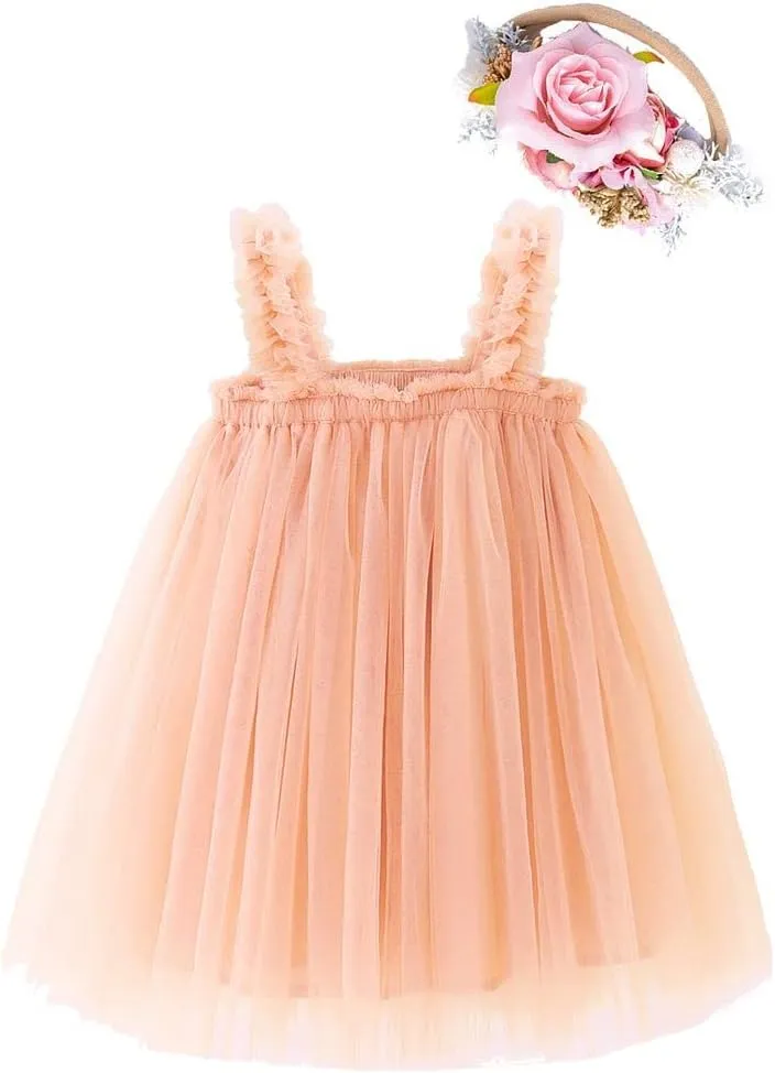 Bow Dream Baby Girls Toddler Tutu Dress Infant Tulle Dress Party Princess Dress with Flower Headband Dusty Rose