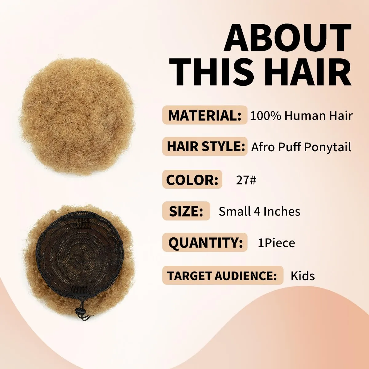 Boymia Afro Puff Drawstring Ponytail Extension 4 Inch #27 Light Blonde Curly Drawstring Ponytail For Kids 100% Remy Human Hair Super Soft Shiny Bouncy Kinky Curly Bun Hair