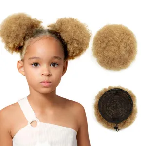 Boymia Afro Puff Drawstring Ponytail Extension 4 Inch #27 Light Blonde Curly Drawstring Ponytail For Kids 100% Remy Human Hair Super Soft Shiny Bouncy Kinky Curly Bun Hair