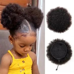 Boymia Afro Puff Extension for Kids #1B Natural Black 4 Inch Short Curly Hair Afro Bun Extension Updo Hair Extensions 100% Remy Human Hair Naturally Styled Hairpiece