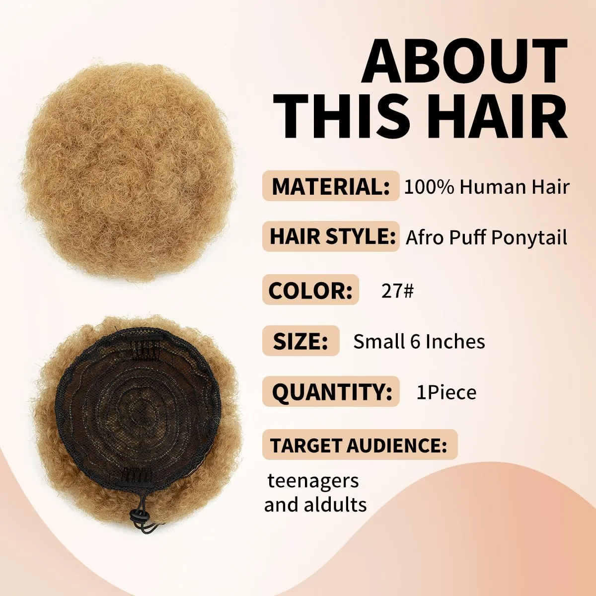 Boymia Afro Puff Ponytail For Black Women #27 Light Blonde 6 Inch 100% Human Hair Retro Kinky Curly Ponytail Wig Clip in Bun Hair Piece for Black Women Soft Shiny Bouncy Clean and Healthy