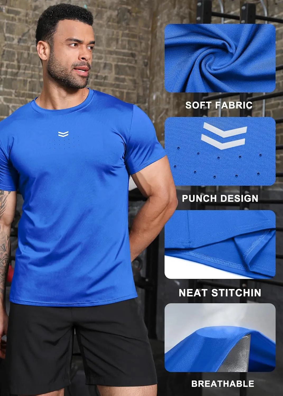 Boyzn Men's Reflective Stripe & Perforated Breathable T-Shirt - Moisture Wicking Quick Dry Gym Shirt for Running, Basketball