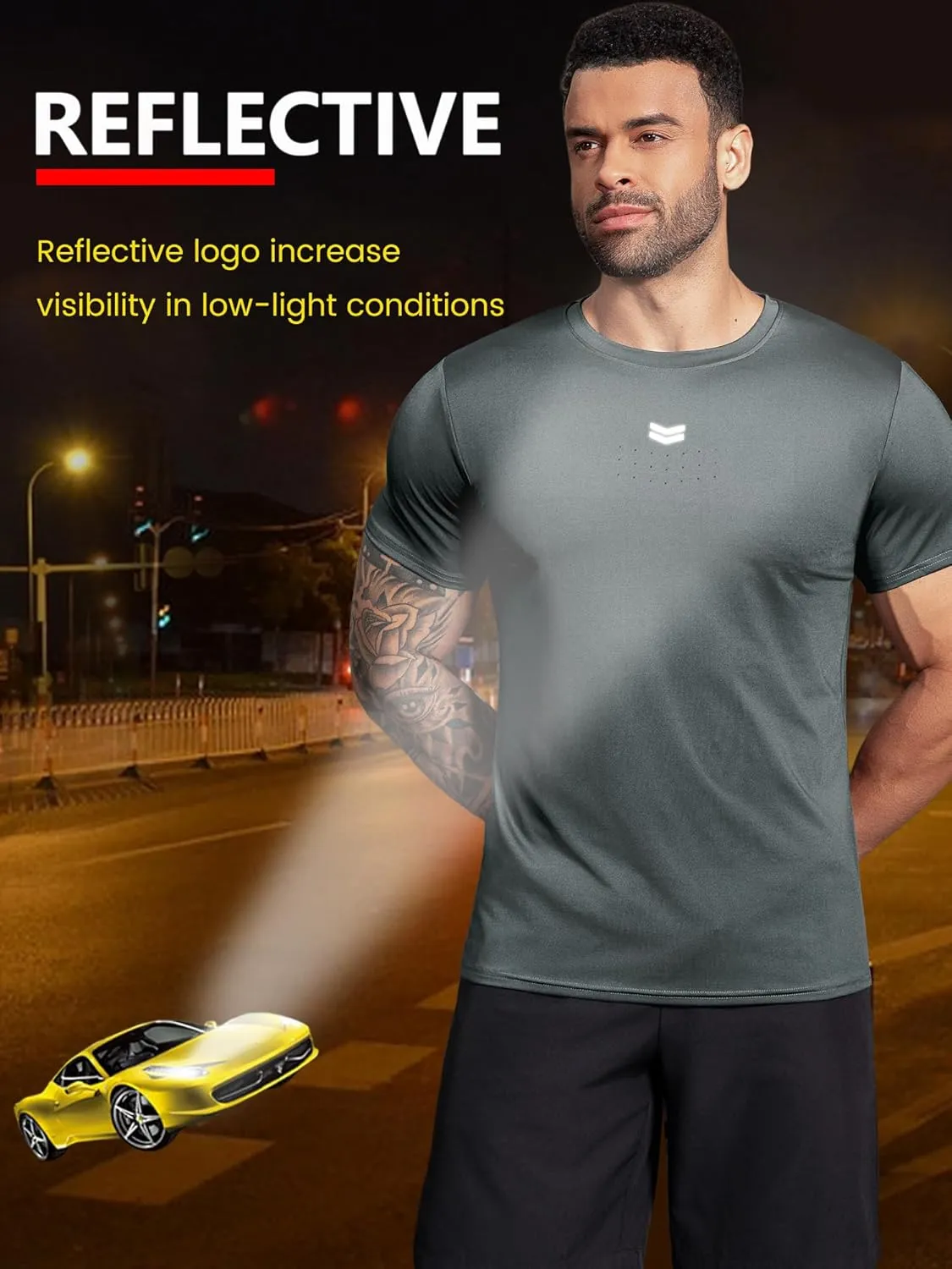 Boyzn Men's Reflective Stripe & Perforated Breathable T-Shirt - Moisture Wicking Quick Dry Gym Shirt for Running, Basketball