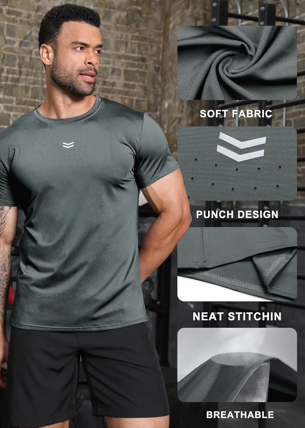 Boyzn Men's Reflective Stripe & Perforated Breathable T-Shirt - Moisture Wicking Quick Dry Gym Shirt for Running, Basketball