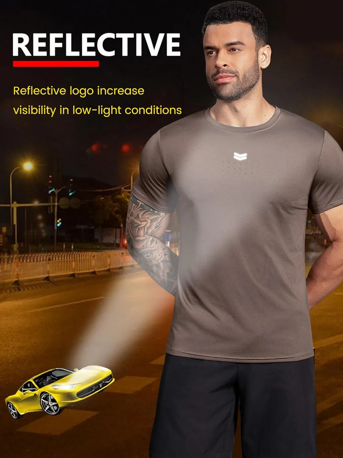 Boyzn Men's Reflective Stripe & Perforated Breathable T-Shirt - Moisture Wicking Quick Dry Gym Shirt for Running, Basketball