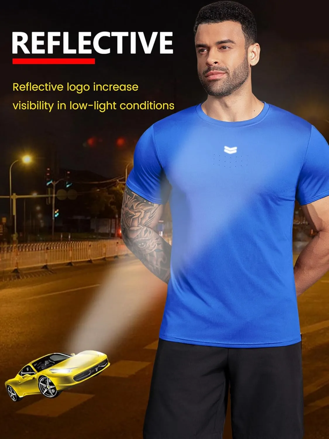 Boyzn Men's Reflective Stripe & Perforated Breathable T-Shirt - Moisture Wicking Quick Dry Gym Shirt for Running, Basketball