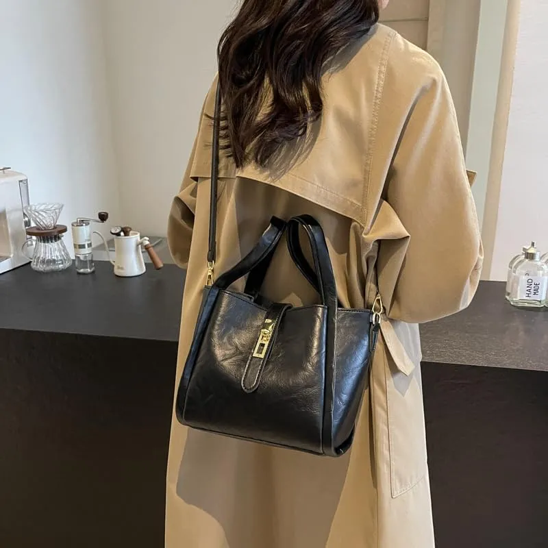 Bucket Bag for Women, Vegan Leather Bucket Bag Trendy Vintage Bucket Bag Leather Purse with Adjustable Shoulder Strap