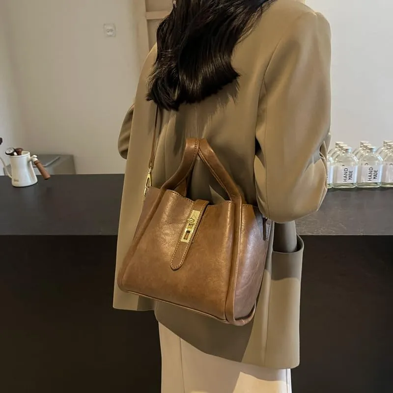 Bucket Bag for Women, Vegan Leather Bucket Bag Trendy Vintage Bucket Bag Leather Purse with Adjustable Shoulder Strap