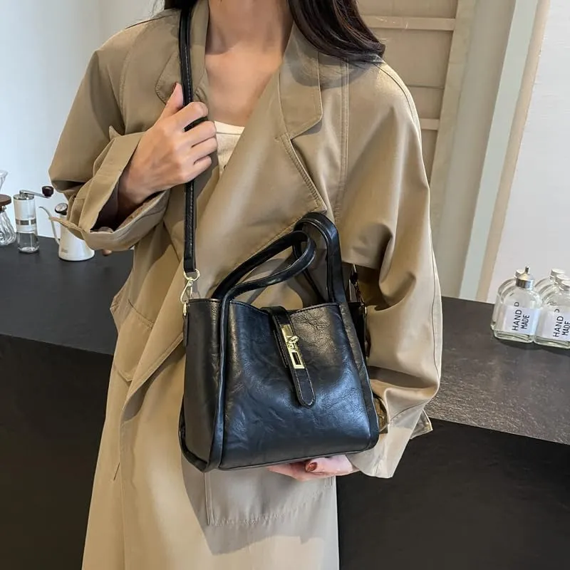 Bucket Bag for Women, Vegan Leather Bucket Bag Trendy Vintage Bucket Bag Leather Purse with Adjustable Shoulder Strap