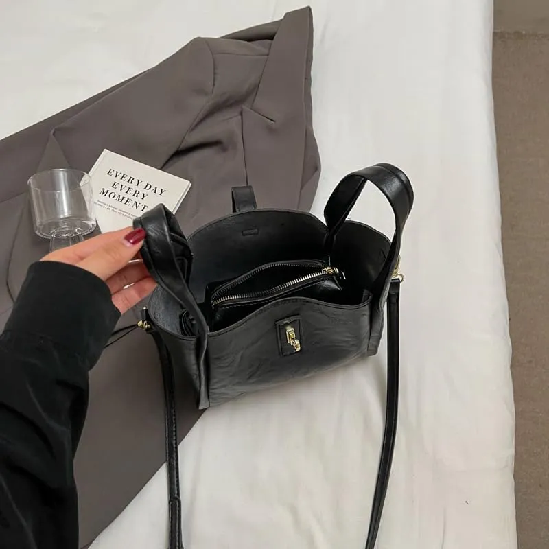 Bucket Bag for Women, Vegan Leather Bucket Bag Trendy Vintage Bucket Bag Leather Purse with Adjustable Shoulder Strap